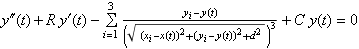 y''[t] + R y'[t] - Sum[(yi - y[t])/Sqrt[(xi - x[t])^2 + (yi - y[t])^2 + d^2]^3, {i, 3}] + C y[t] = 0