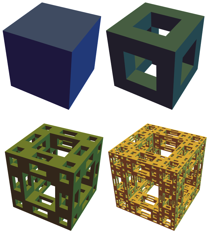 Menger sponge affine variants, stages 0-3