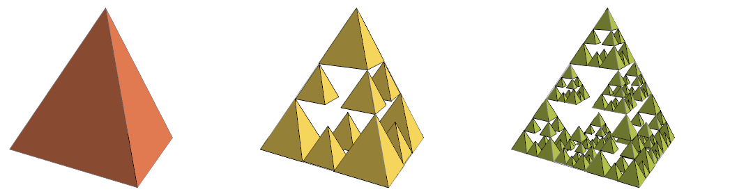 tetrahedral version of Cross Menger fractal, stages 0 through 2