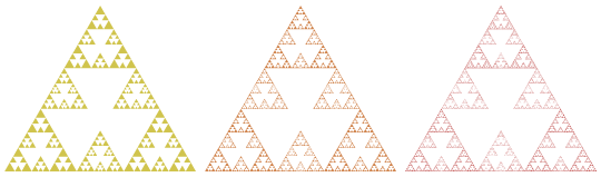 triangle version of Cross Menger fractal, stages 3 through 5