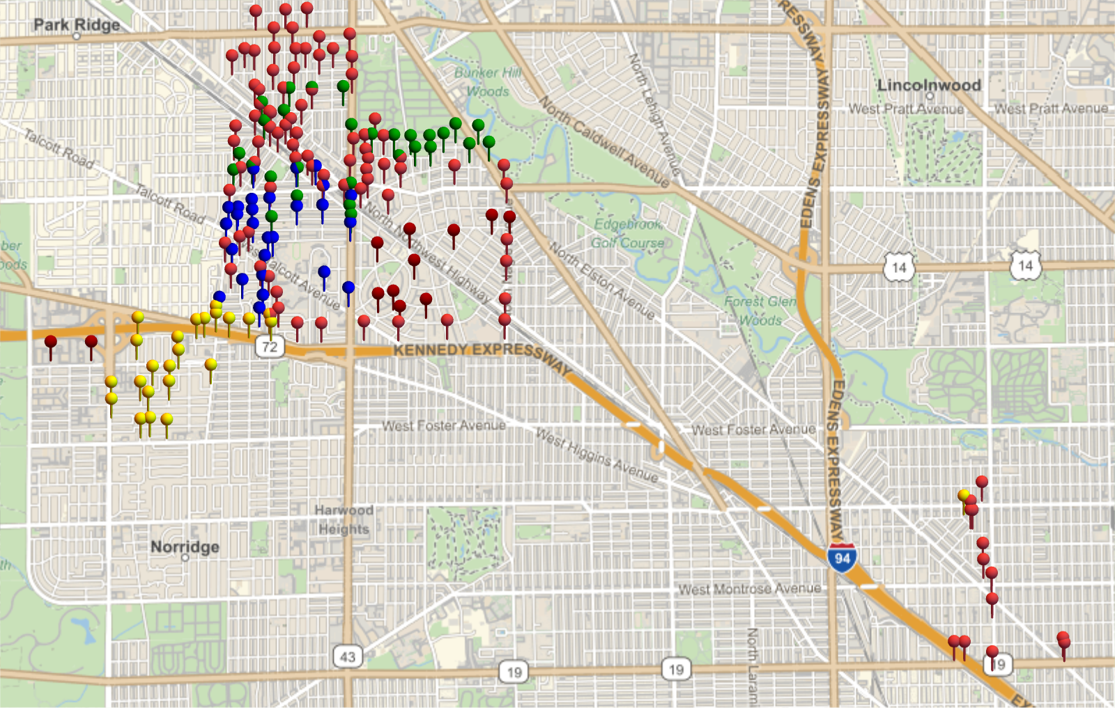 Map showing wider area
and smaller markers, with big blank space in Jefferson Park