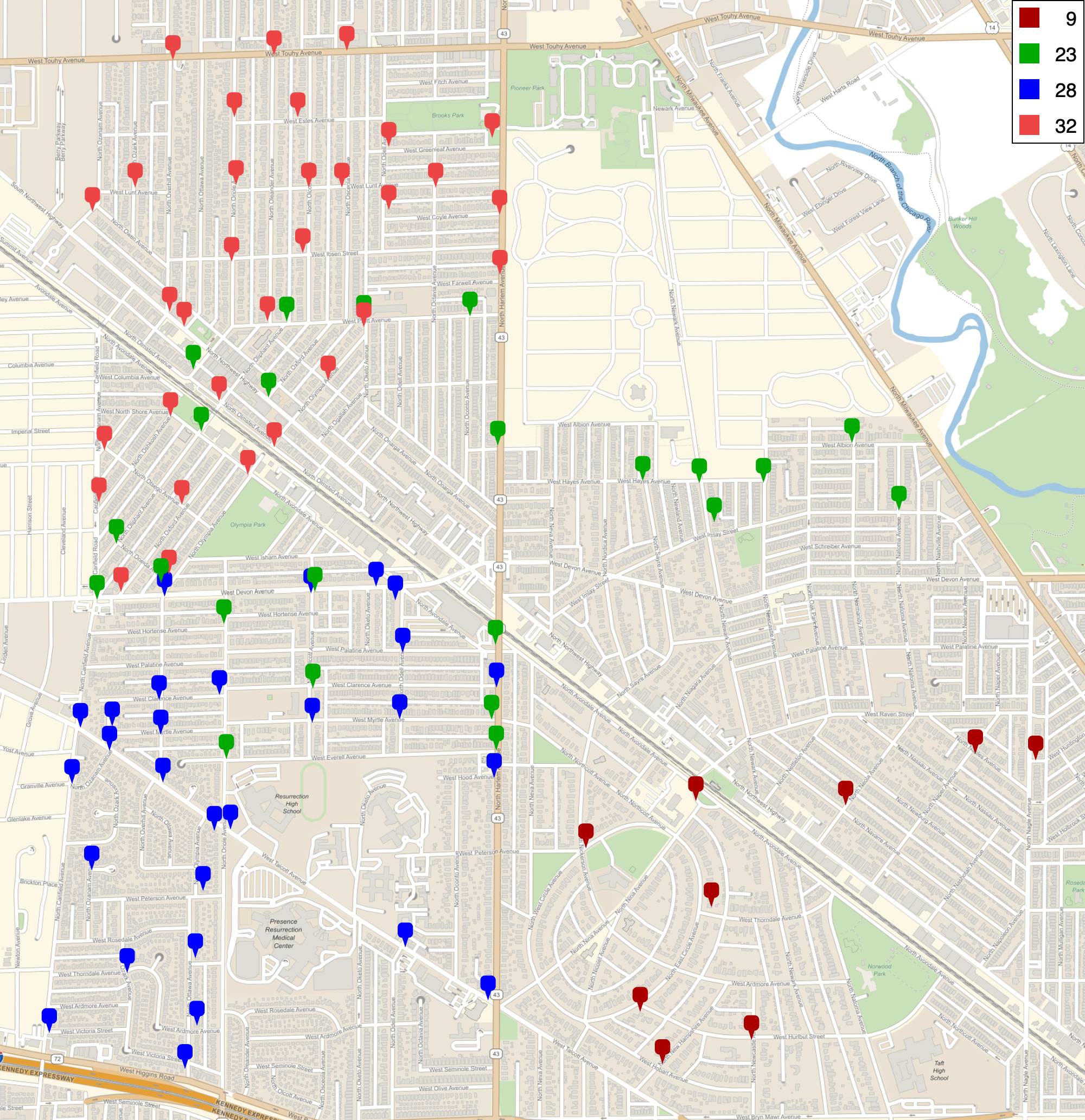 Street map showing locations of 92 sidewalk bears