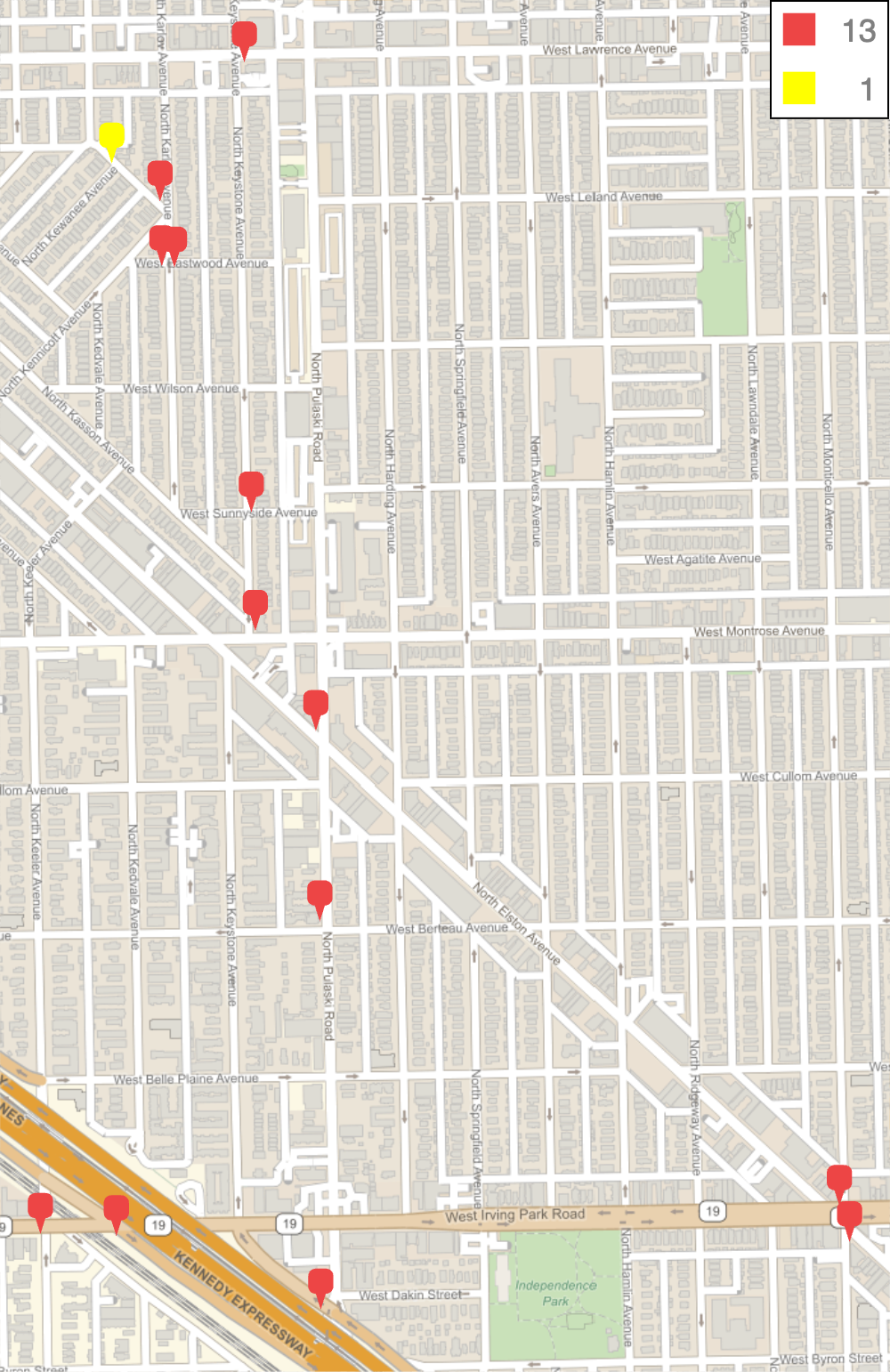 Street map showing locations of 14 sidewalk bears