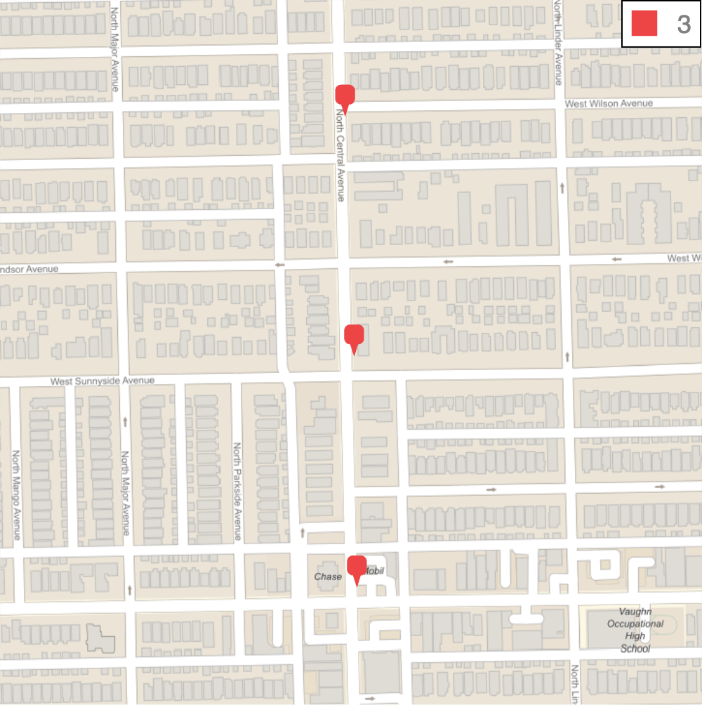 Street map showing location of 3 sidewalk bears